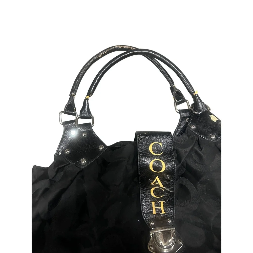 Coach Black Signature Jacquard Leather Satchel Shoulder Bag Turnlock Pleated